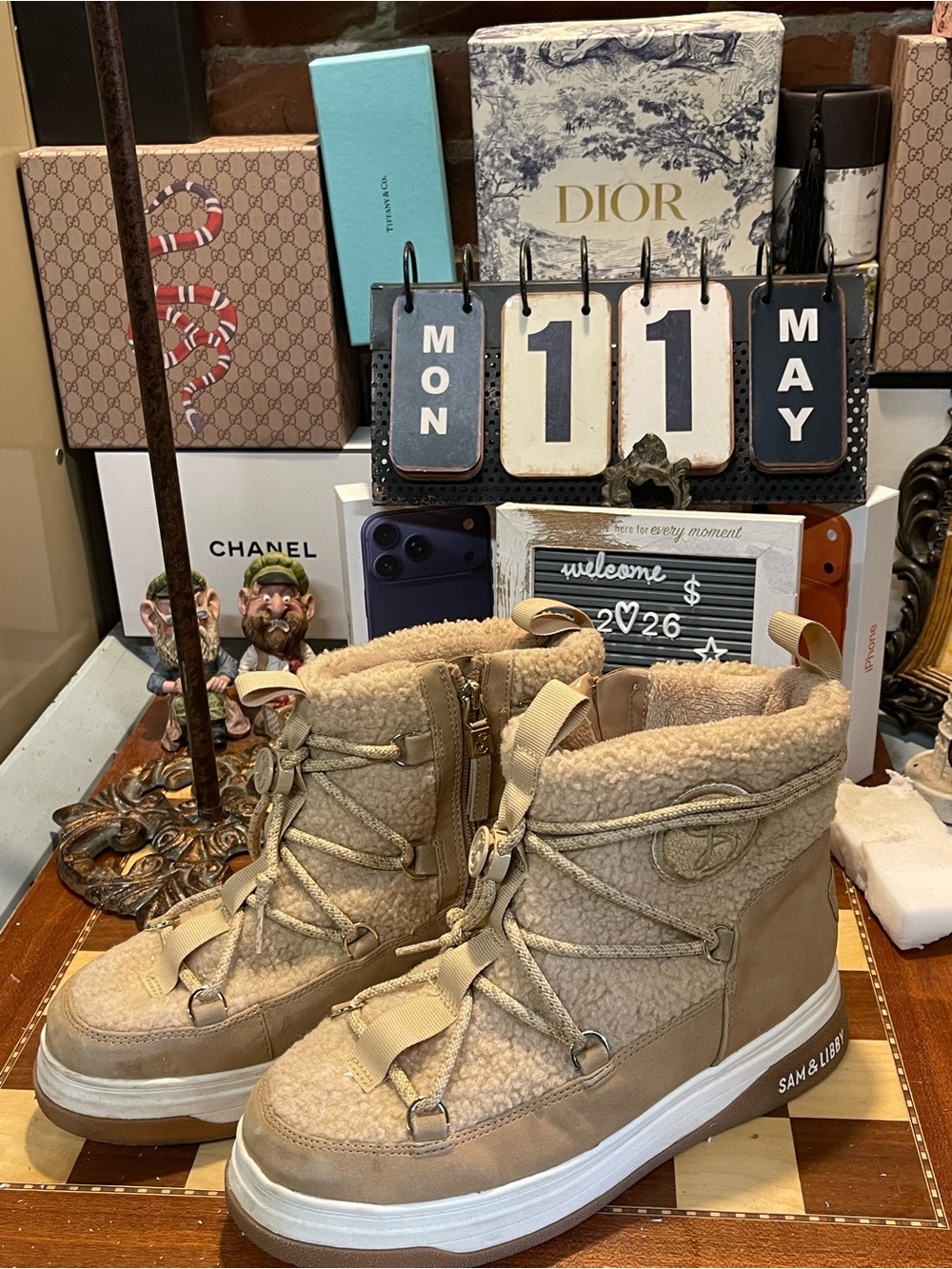 Sam and Libby women's Carlie boots in a washed wheat color.